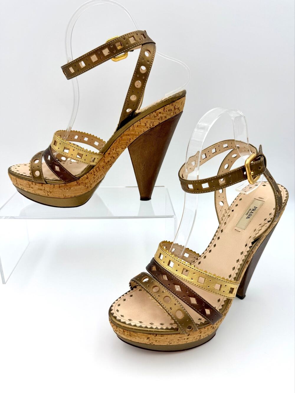 Authentic Prada Platform Sandals Gold Bronze Brown Size 39 9 Laser Cut Saffiano